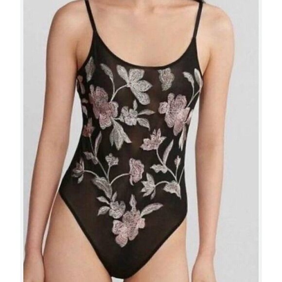 Express Floral Embroidered Sheer Scoop Neck Black Tank Top Bodysuit XS - Picture 1 of 6
